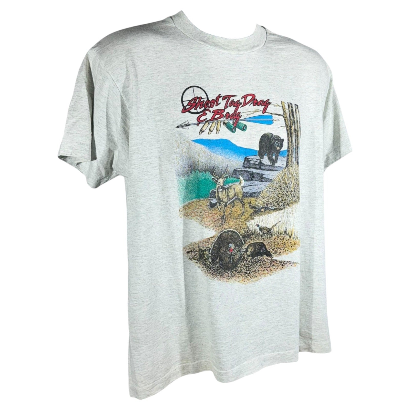 Vintage "Shoot Tag Drag & Brag" Nature Hunting Tee 90s