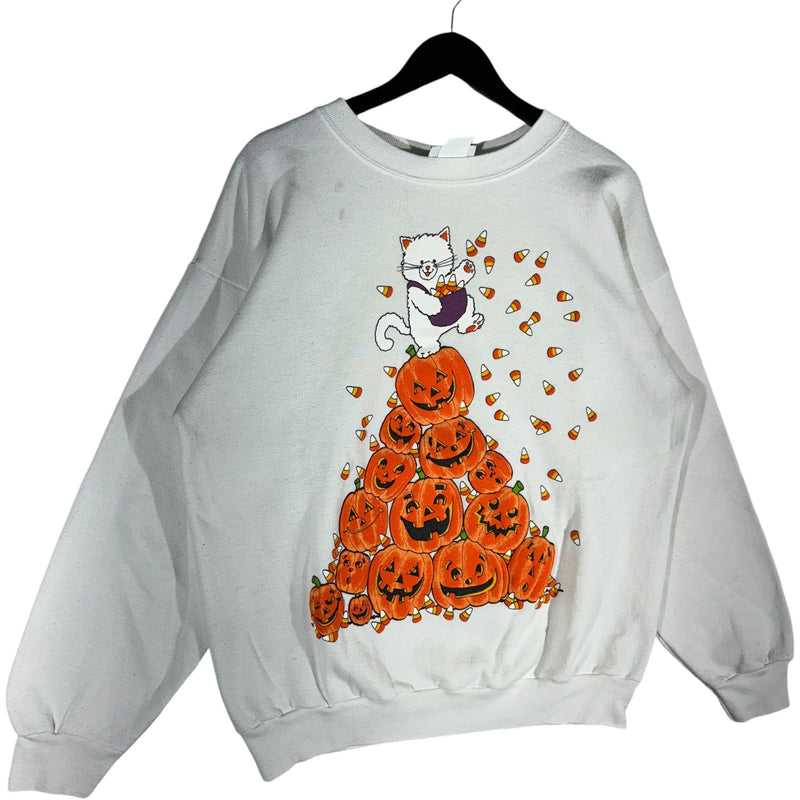 Vintage Cat On Pumpkin Halloween Crewneck