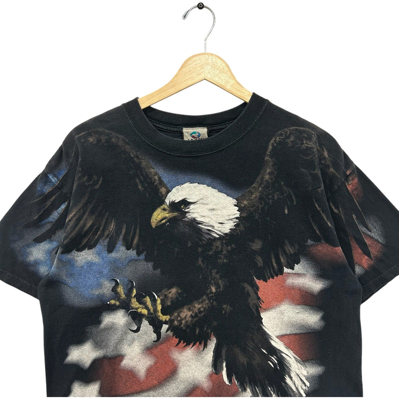 Vintage Liquid Blue American Flag Bald Eagle Double Sided AOP Tee