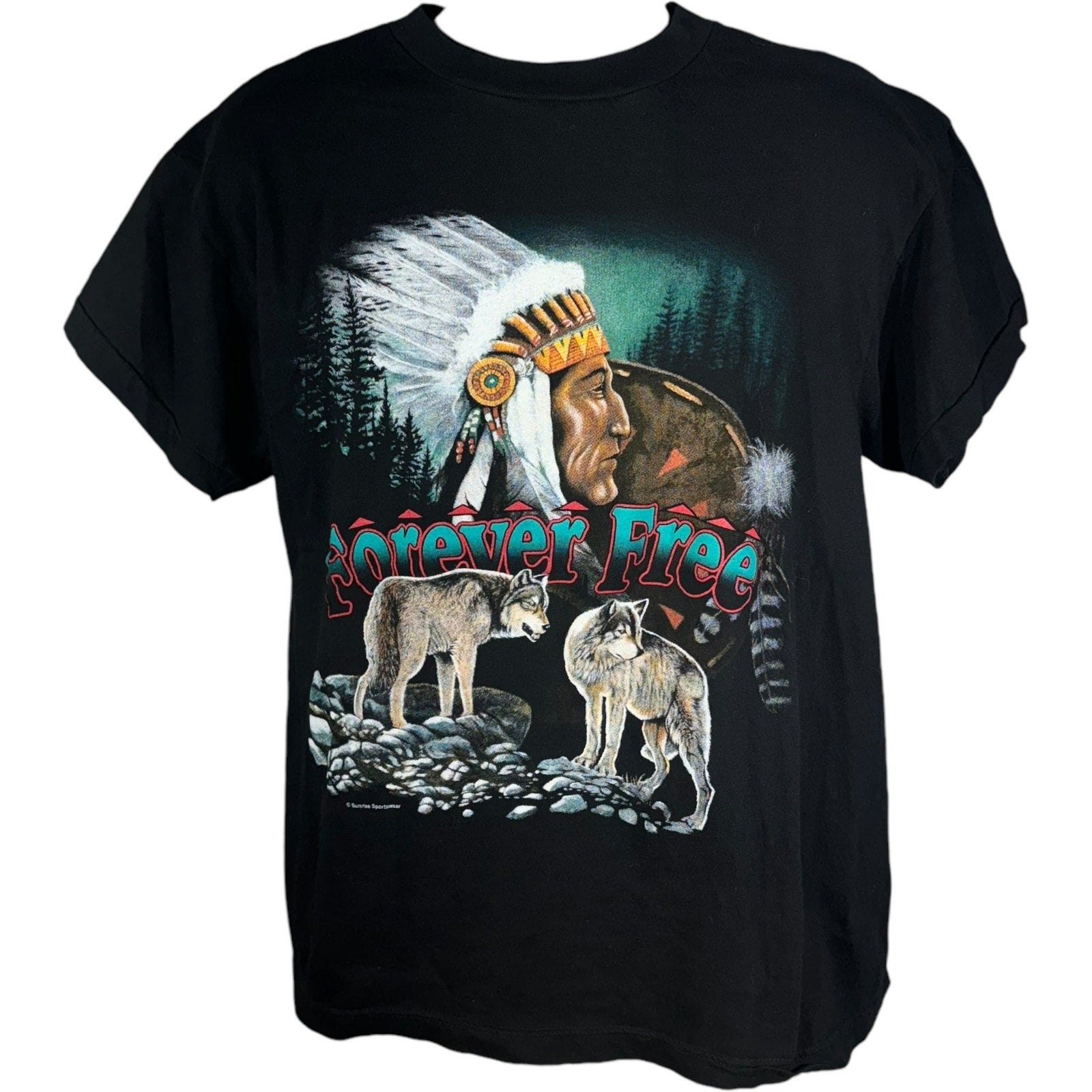 Vintage "Forever Free" Native American Wolves Nature Tee 90s