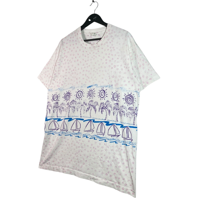 Vintage Tropical Sailboat Palm Tree Print T-Shirt
