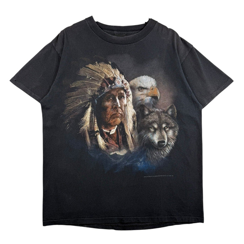 Vintage 3D Emblem Big Face Native Wolf Eagle Art T-Shirt