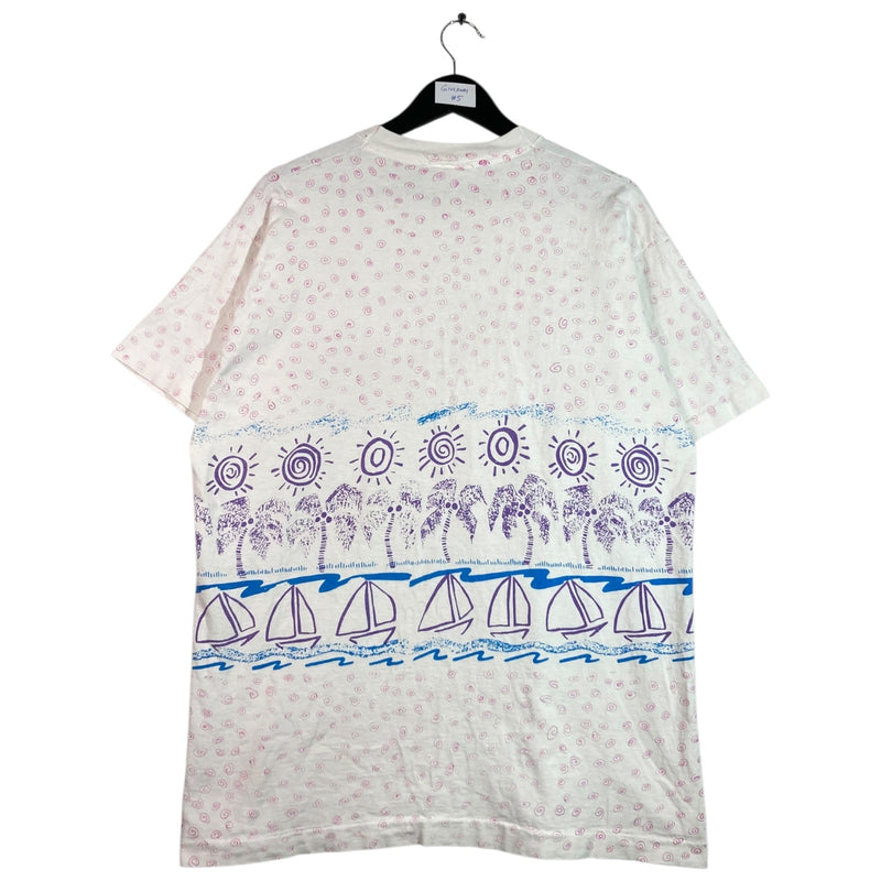 Vintage Tropical Sailboat Palm Tree Print T-Shirt