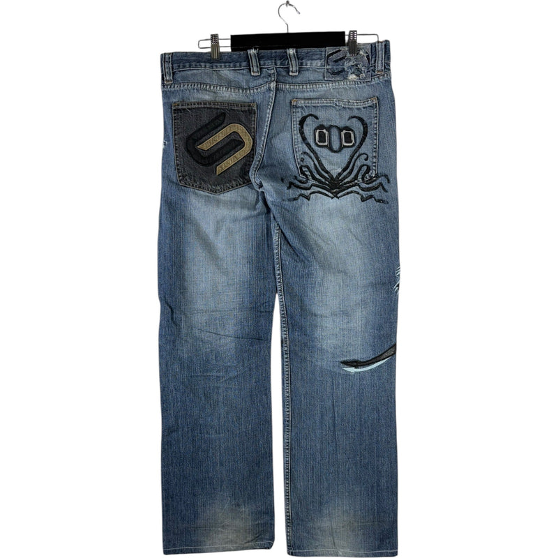 Y2K Doramafi Leather Dragon Patch Jeans 36x31