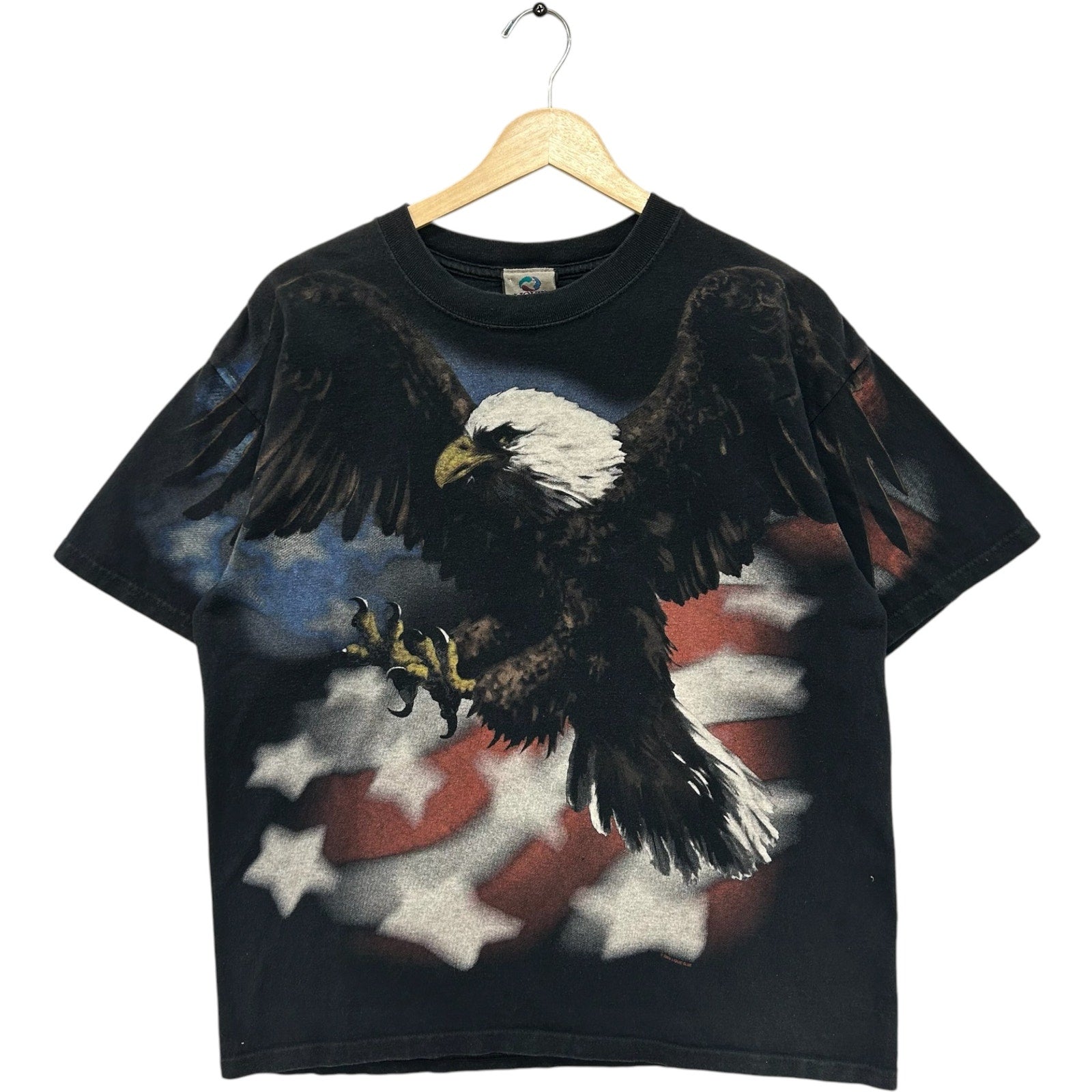 Vintage Liquid Blue American Flag Bald Eagle Double Sided AOP Tee