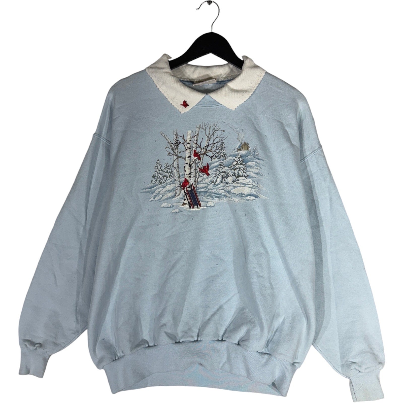 Vintage Women's Winter Scenery Cardinals Collared Crewneck