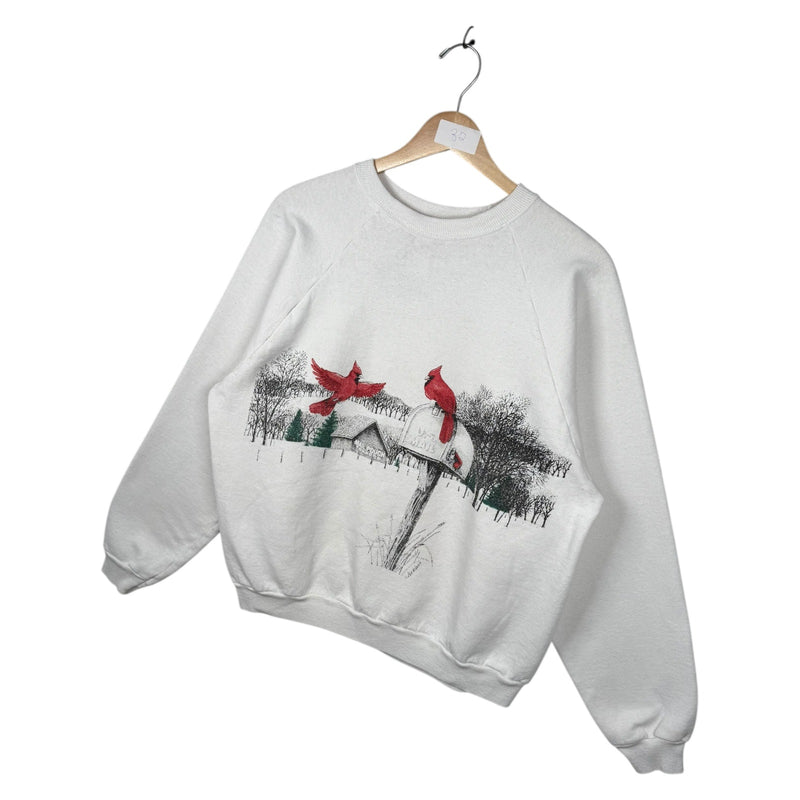 Vintage Winter Cardinals Mailbox Scenic Crewneck