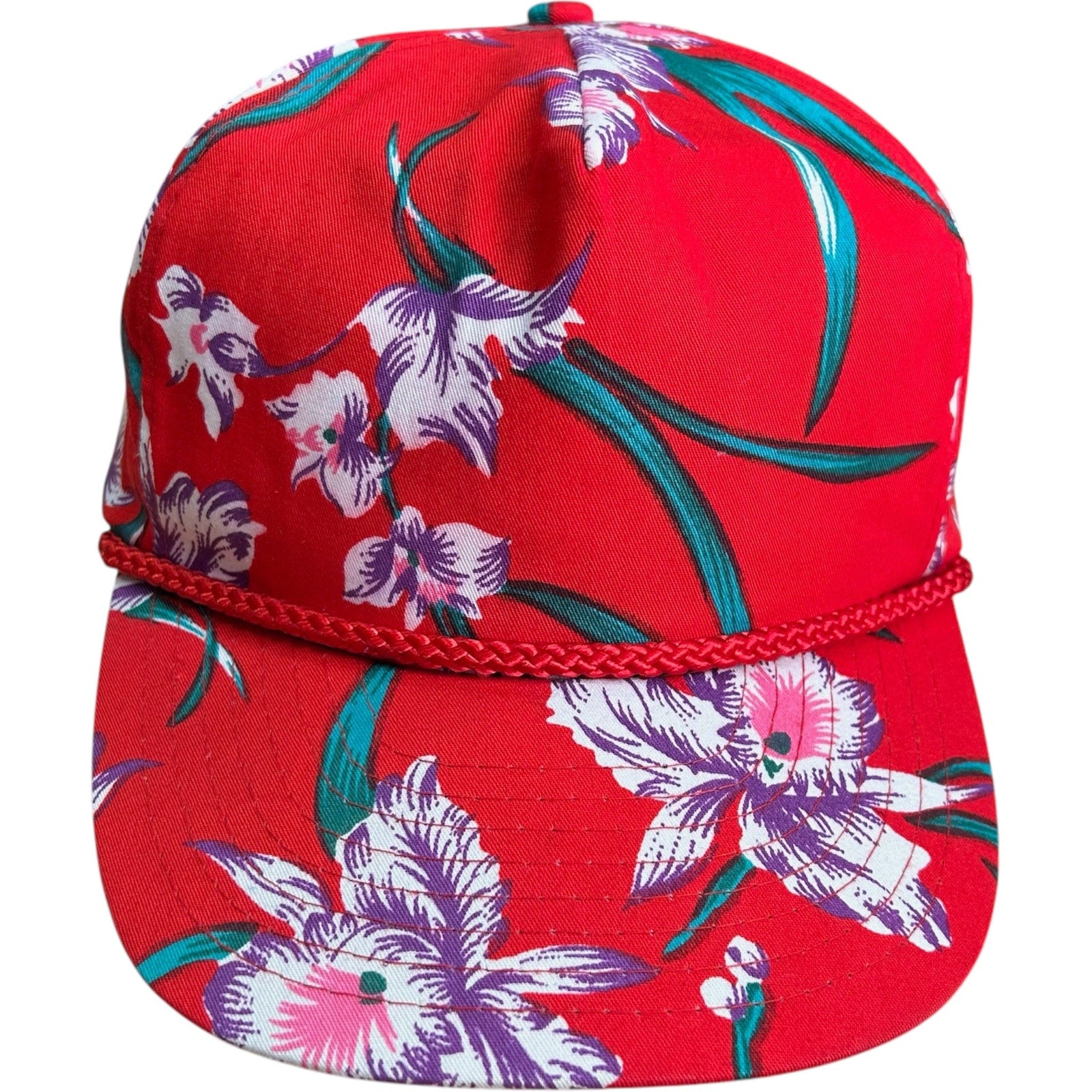 Vintage Floral Print Rope Brim Strapback Hat