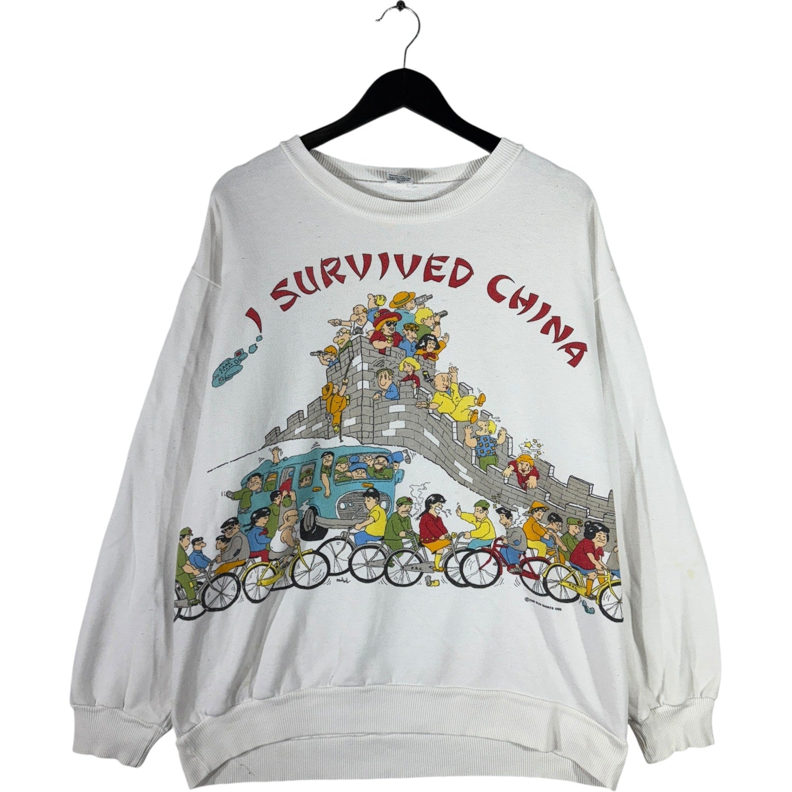 Vintage "I Survived China" Comedic Illustration Crewneck