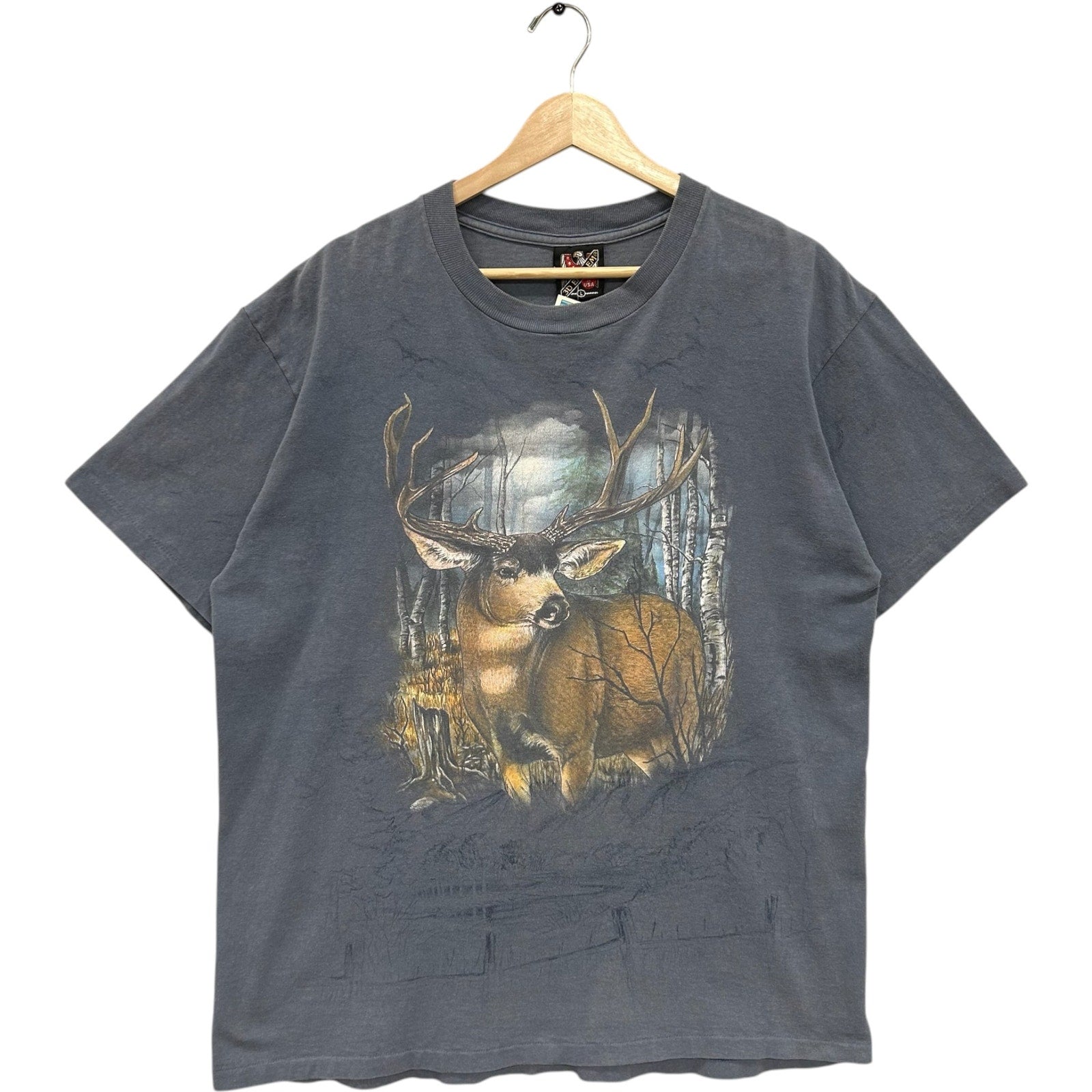 Vintage 3D Emblem Deer In The Forest Animal Tee