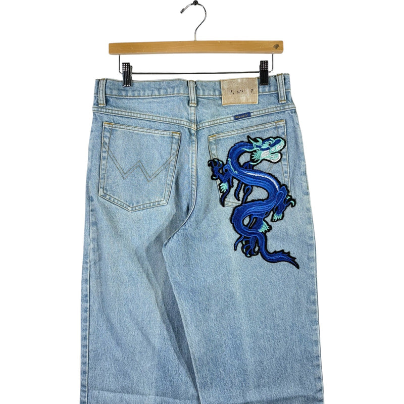 Vintage Wrangler Dragon Embroidered Wide Leg Denim Jeans 32 x 28