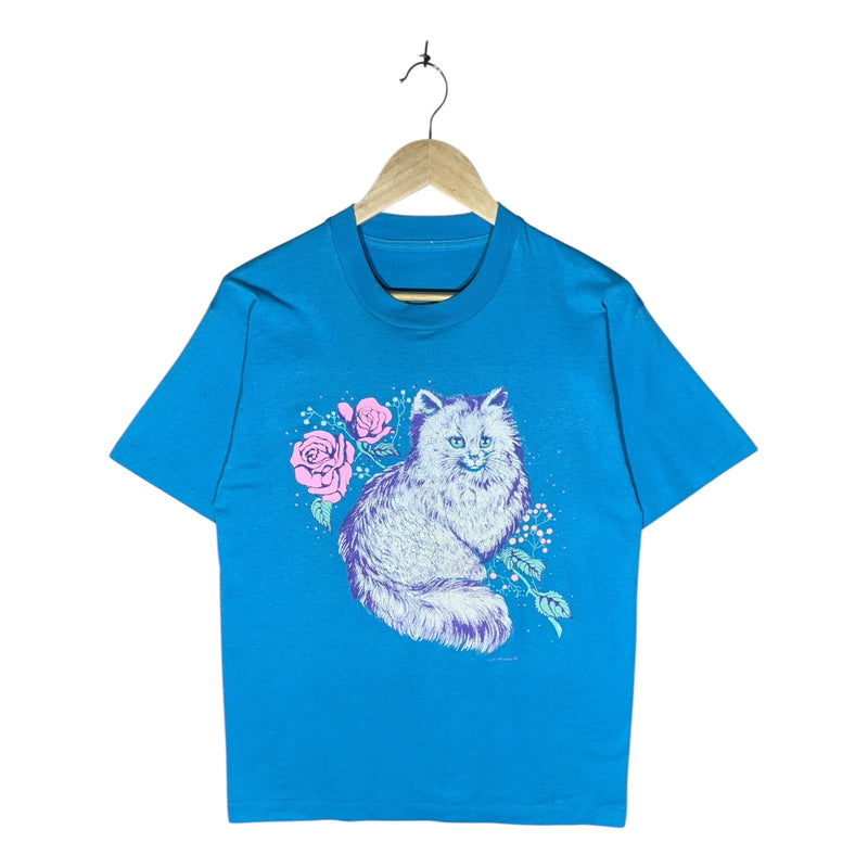 Vintage Fluffy White Cat Roses Graphic T-Shirt