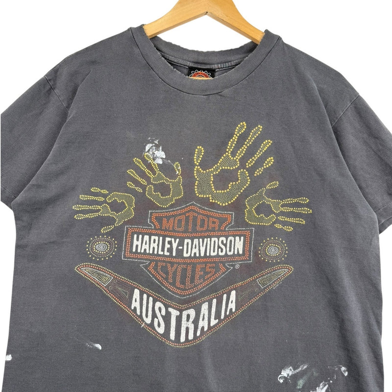 Vintage Harley Davidson Australia Aboriginal Dot Art Hand Print T-Shirt