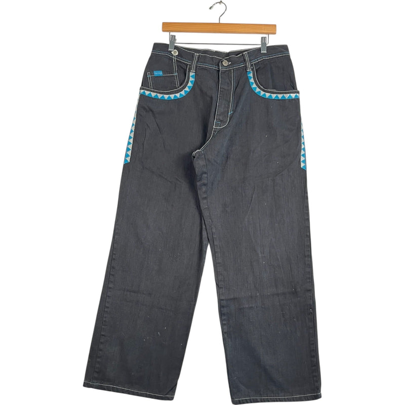 Y2K Embroidered Detail Wide Leg Denim Jeans 34x29
