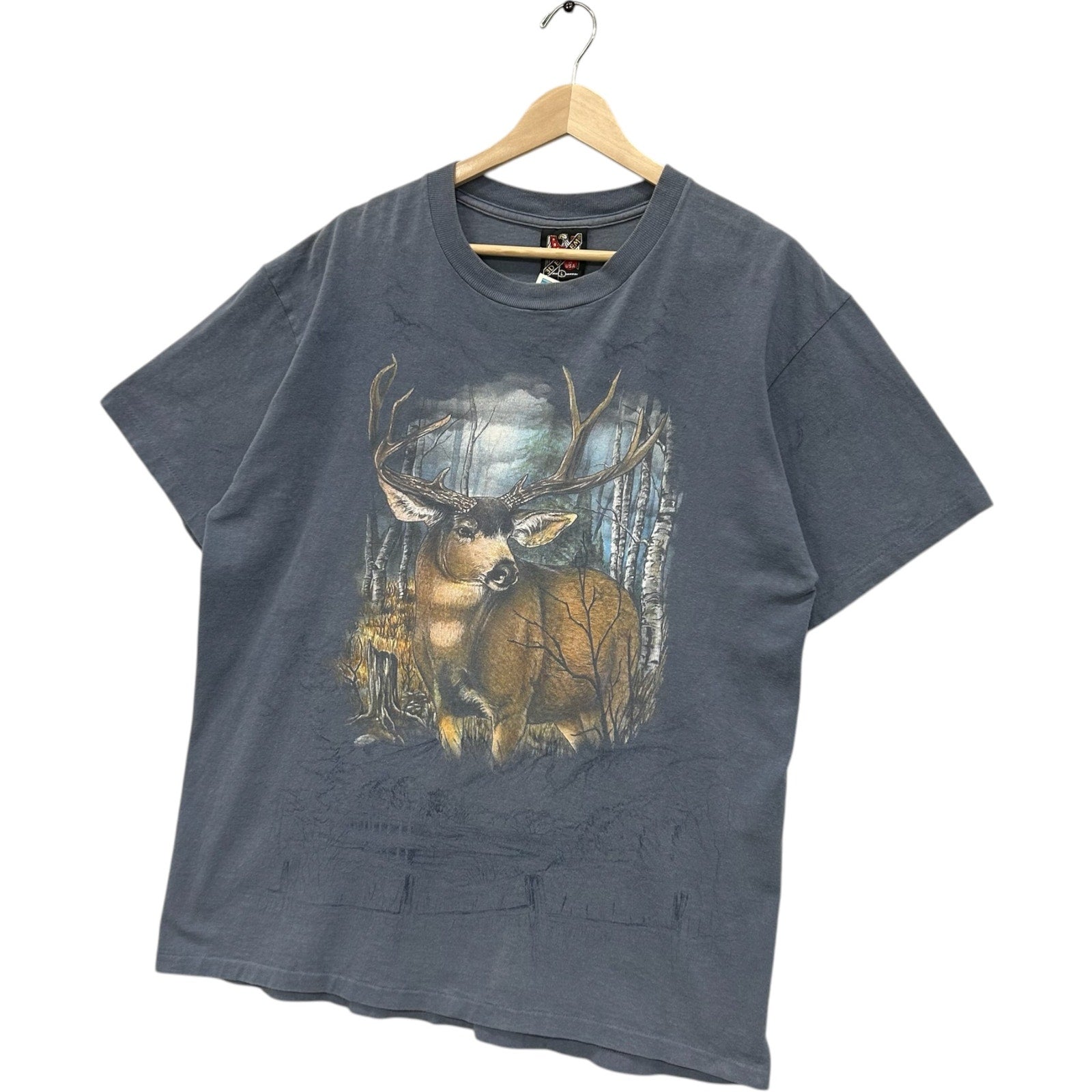 Vintage 3D Emblem Deer In The Forest Animal Tee