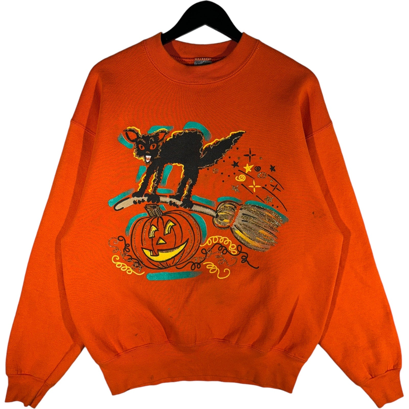 Vintage Black Cat On Broom Halloween Crewneck