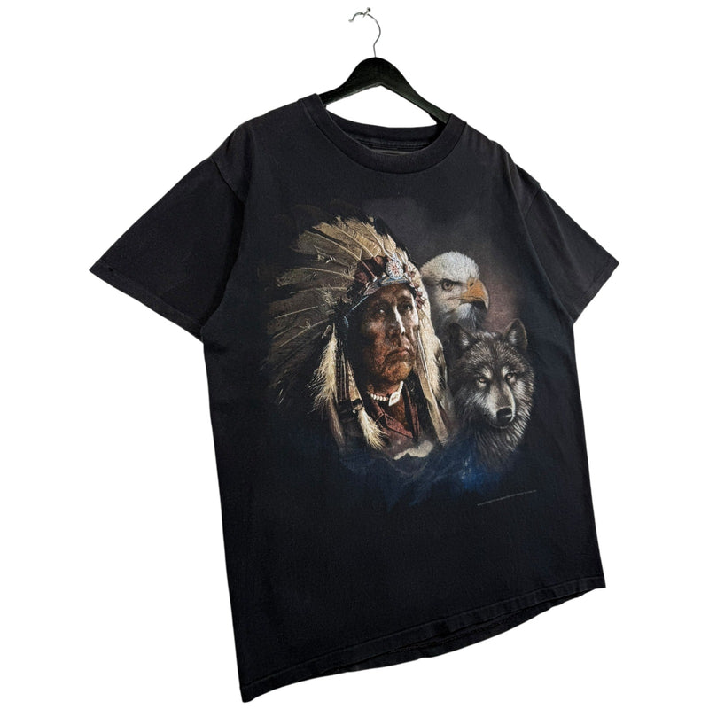 Vintage 3D Emblem Big Face Native Wolf Eagle Art T-Shirt
