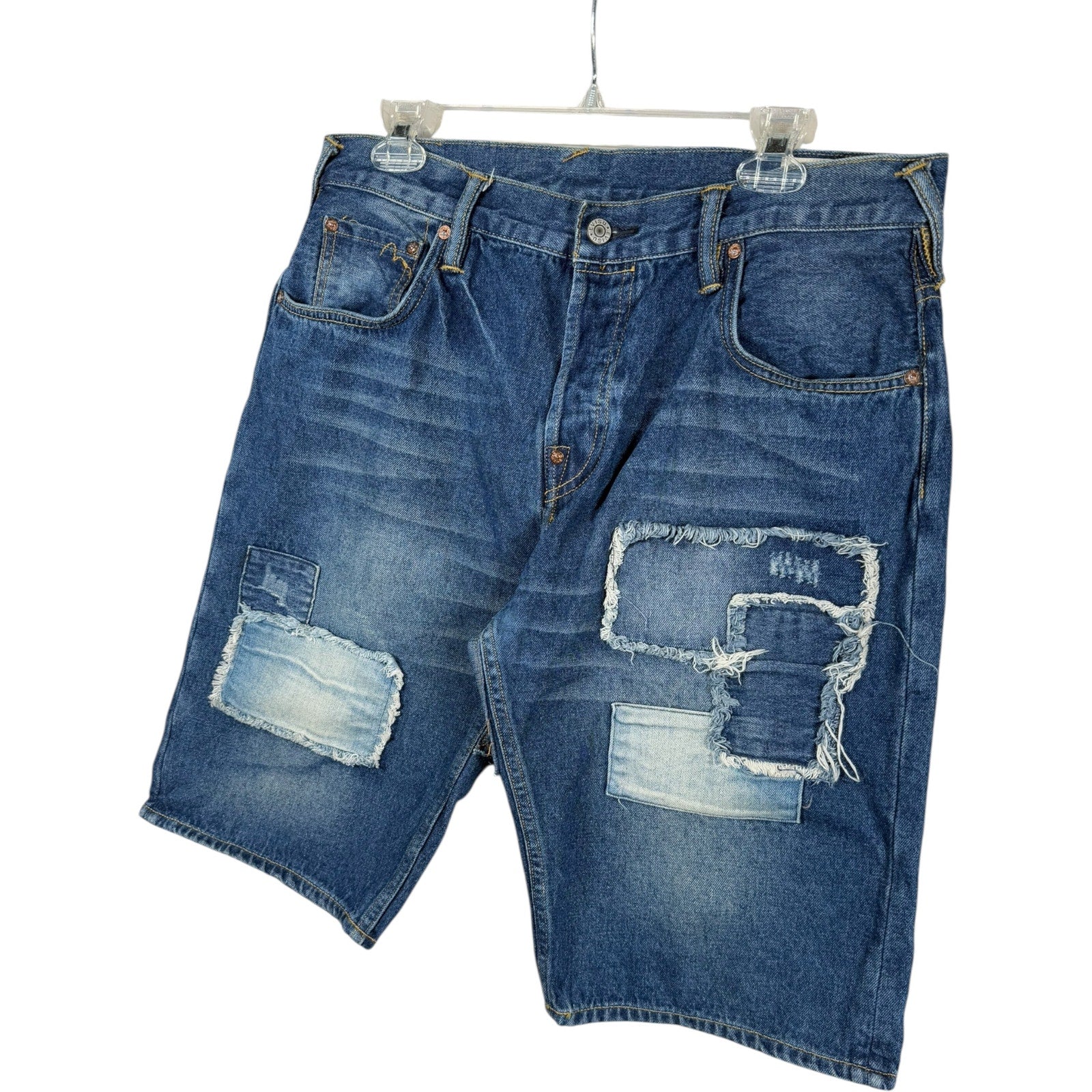 Vintage Evisu Distressed Patchwork Denim Shorts 36