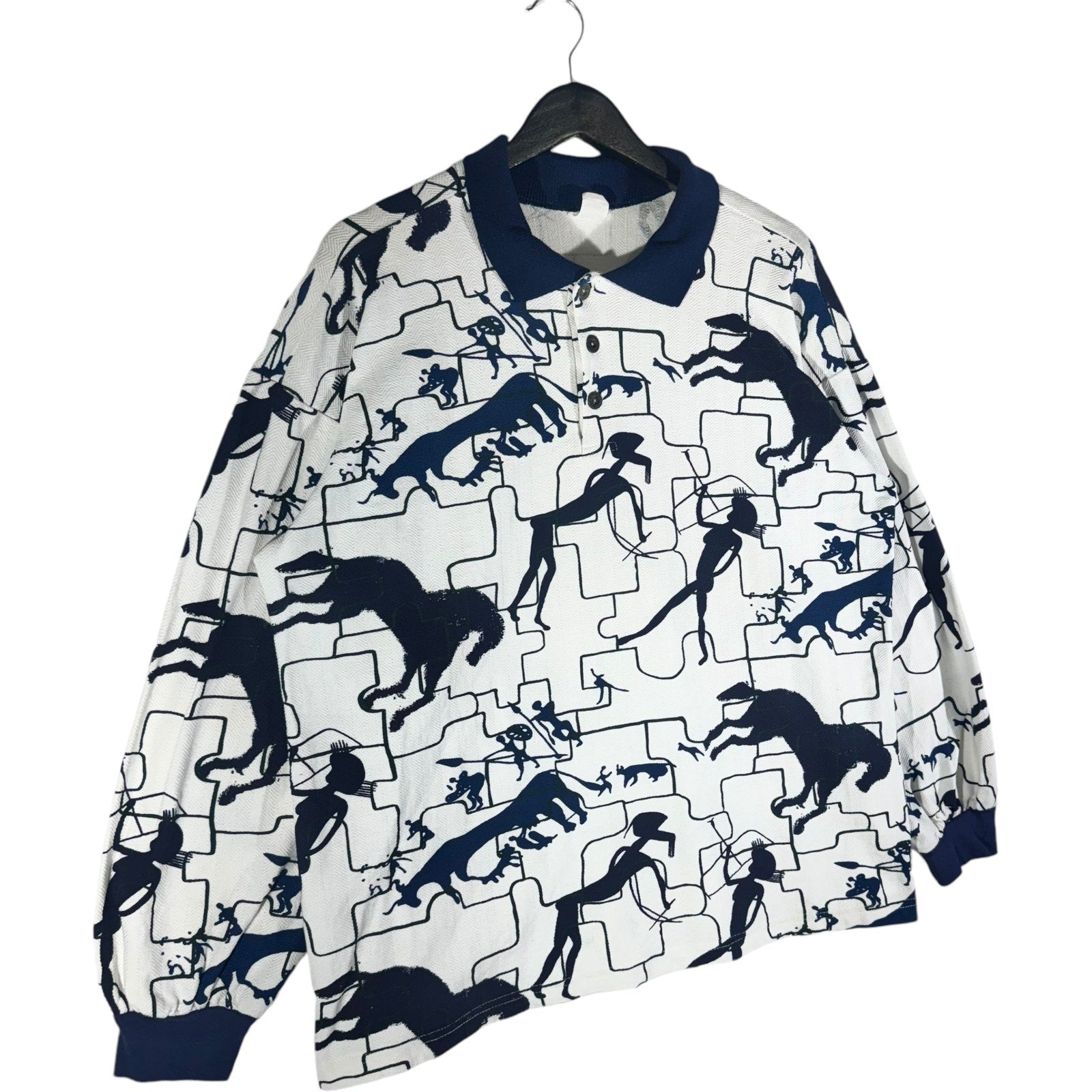 Vintage Puzzle Animals Silhouette AOP Long Sleeve Polo