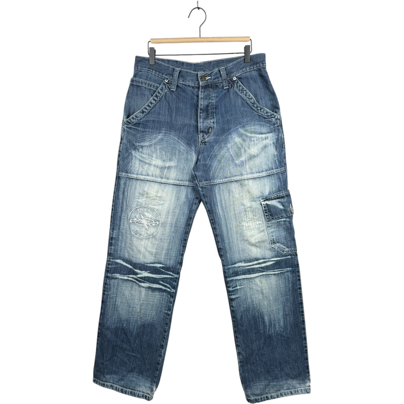 Vintage Acid Wash Distressed Cargo Straight Leg Denim Jeans