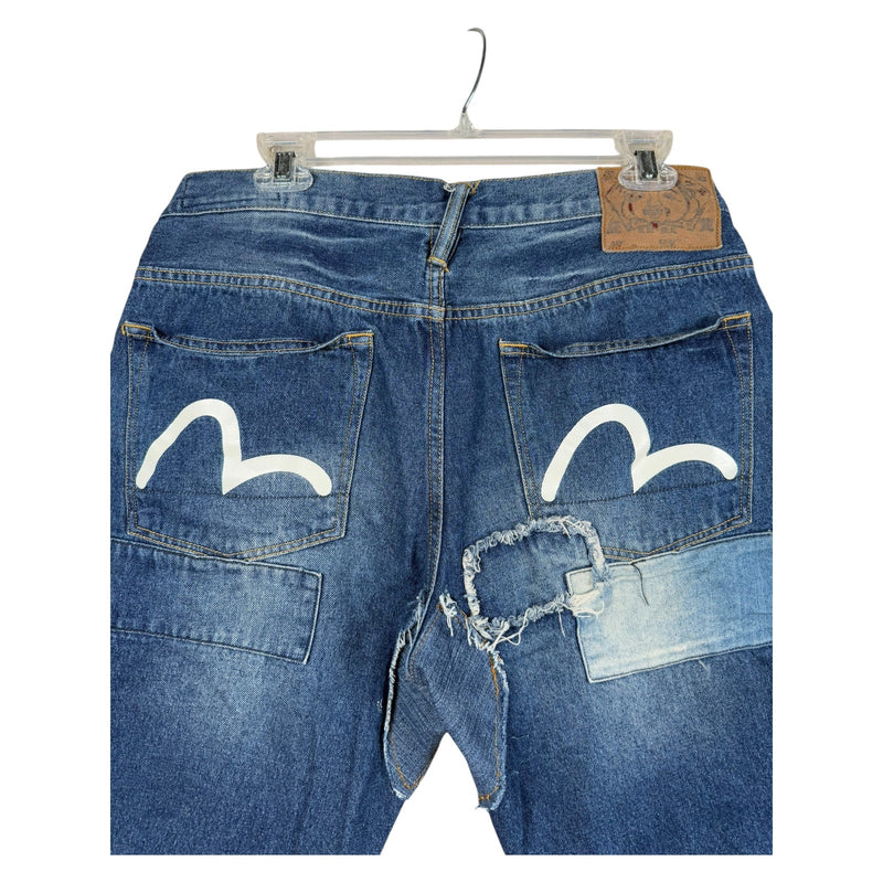 Vintage Evisu Distressed Patchwork Denim Shorts 36