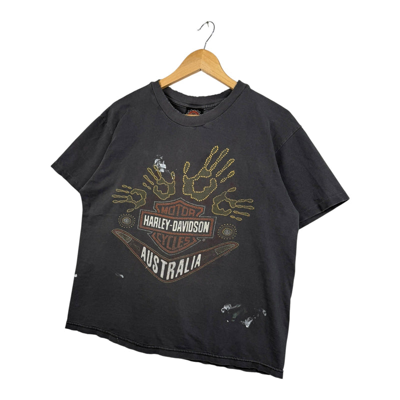 Vintage Harley Davidson Australia Aboriginal Dot Art Hand Print T-Shirt