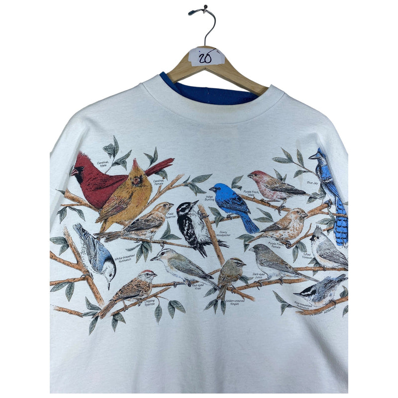 Vintage Women's Artisan Bird Family Allover Print Crewneck