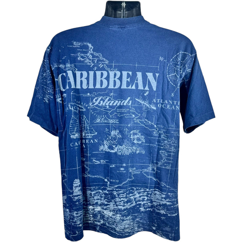 Vintage Caribbean Islands Map Print AOP Tee 90s