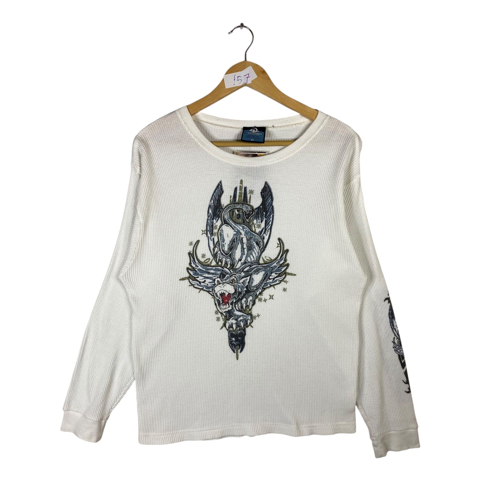 Vintage Dragon Wolf Gothic Thermal Waffle Knit Long Sleeve T-Shirt