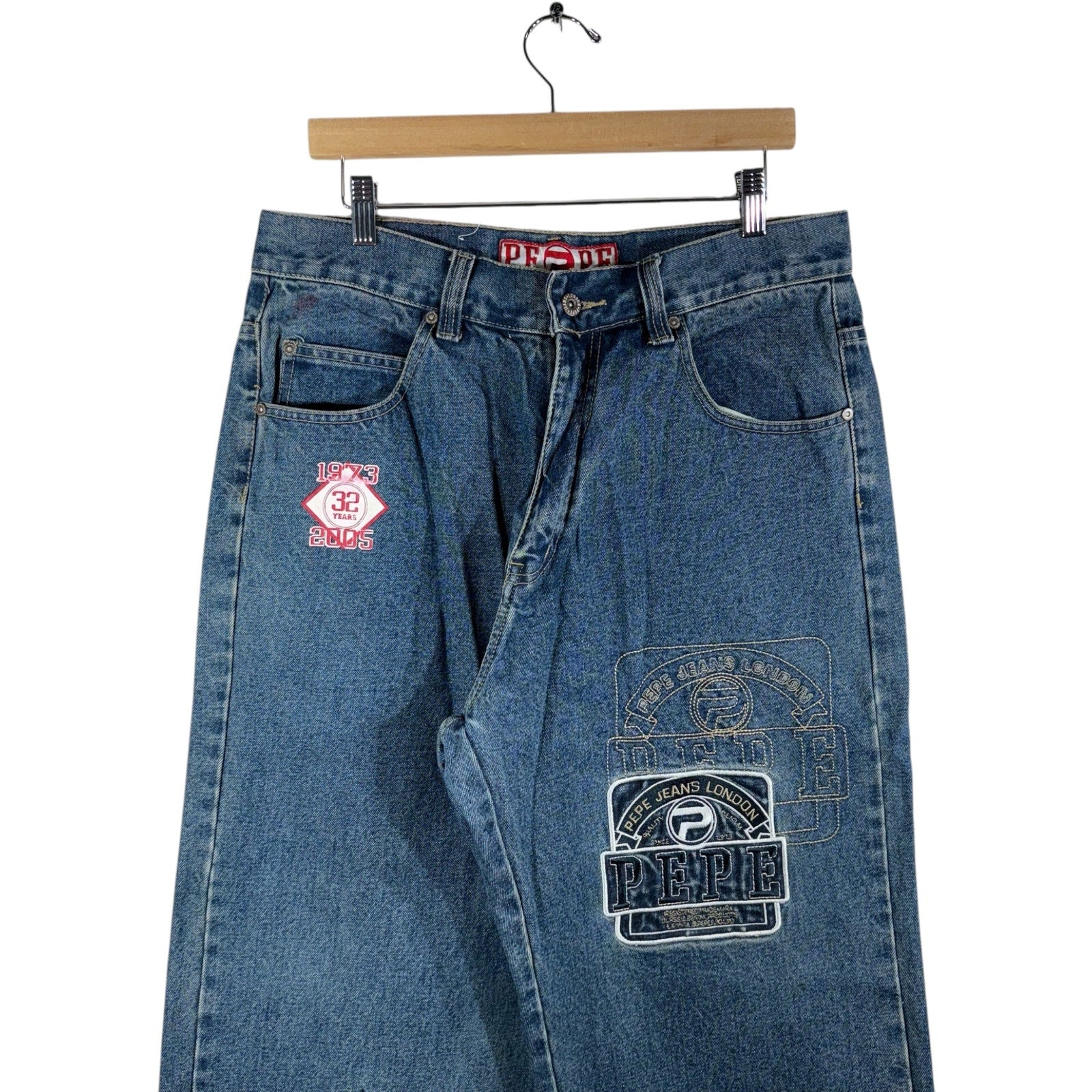 Y2K People Patchwork Straight Leg Denim Jeans 34