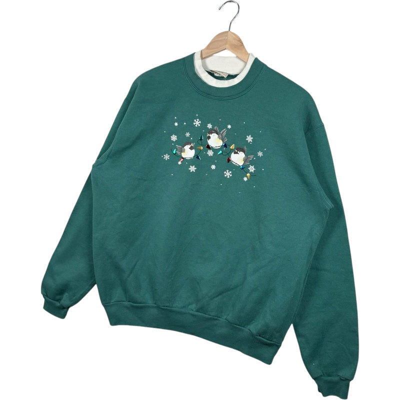 Vintage Women's Christmas Birds Mock Neck Nature Crewneck