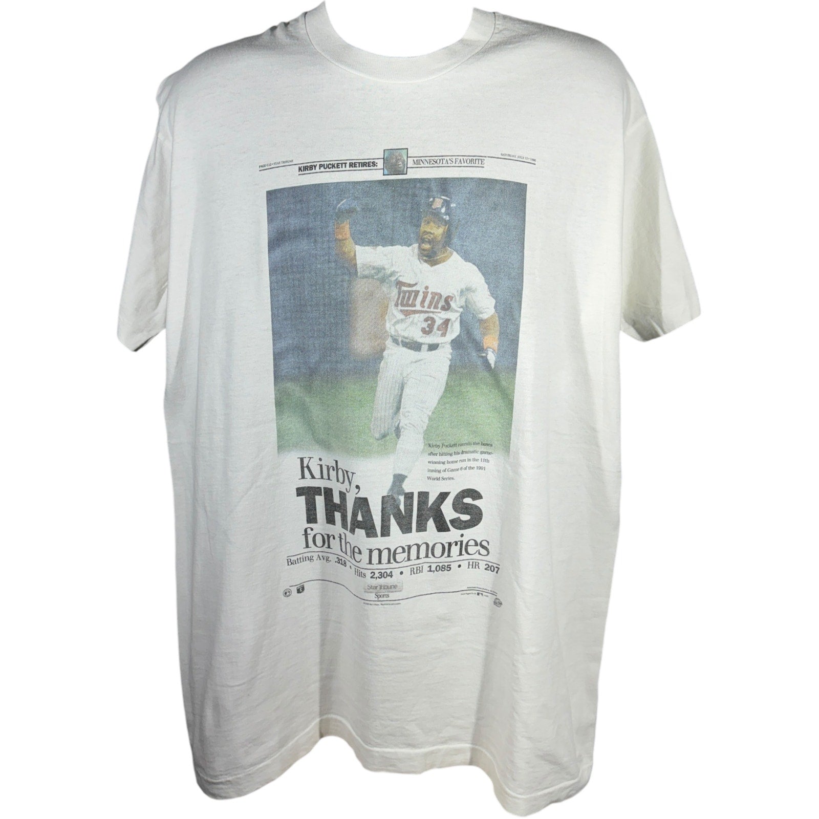 Vintage Kirby Puckett "Thank For The Memories" Newspaper Tee