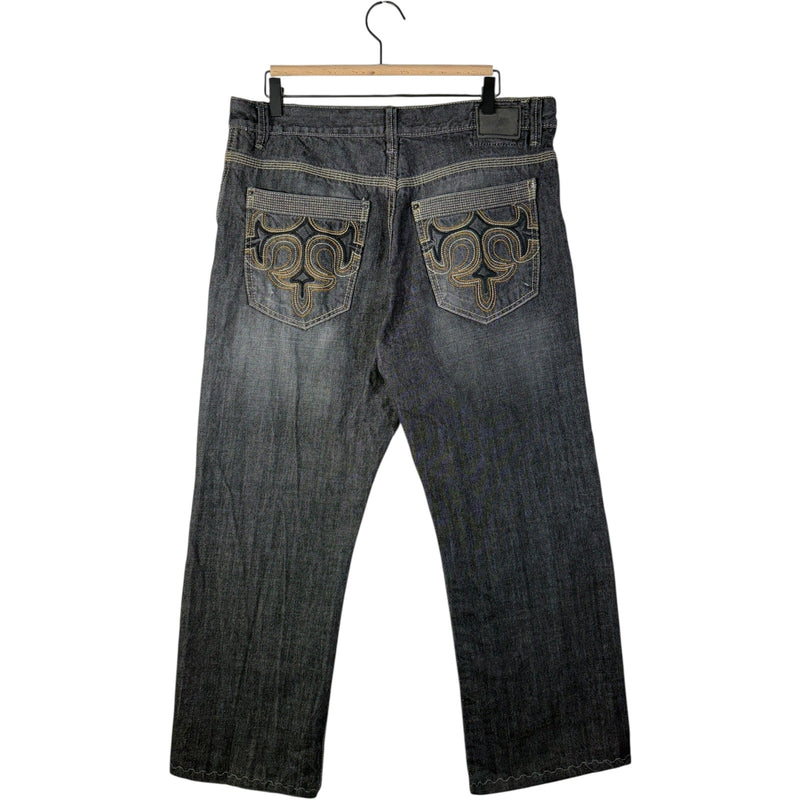 Vintage DHJC Tribal Embroidered Straight Leg Denim Jeans 36x27