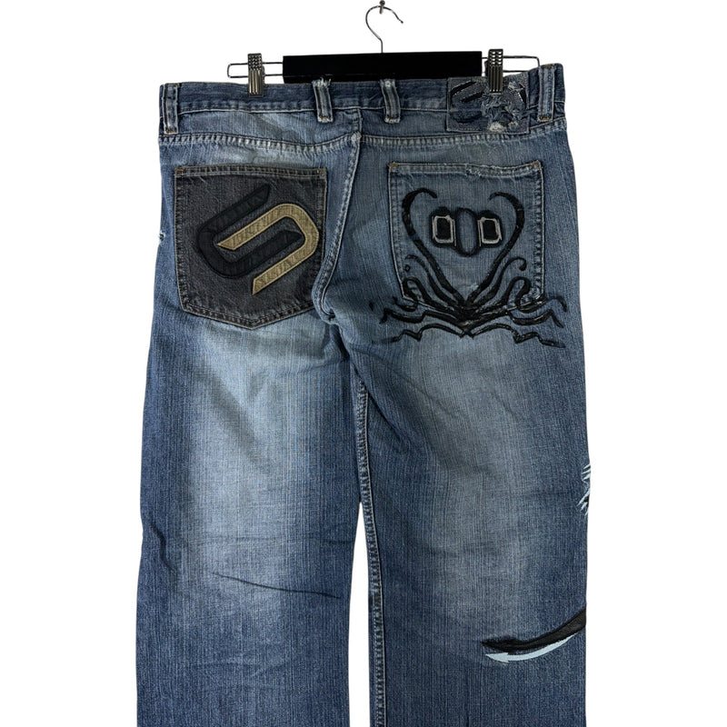 Y2K Doramafi Leather Dragon Patch Jeans 36x31