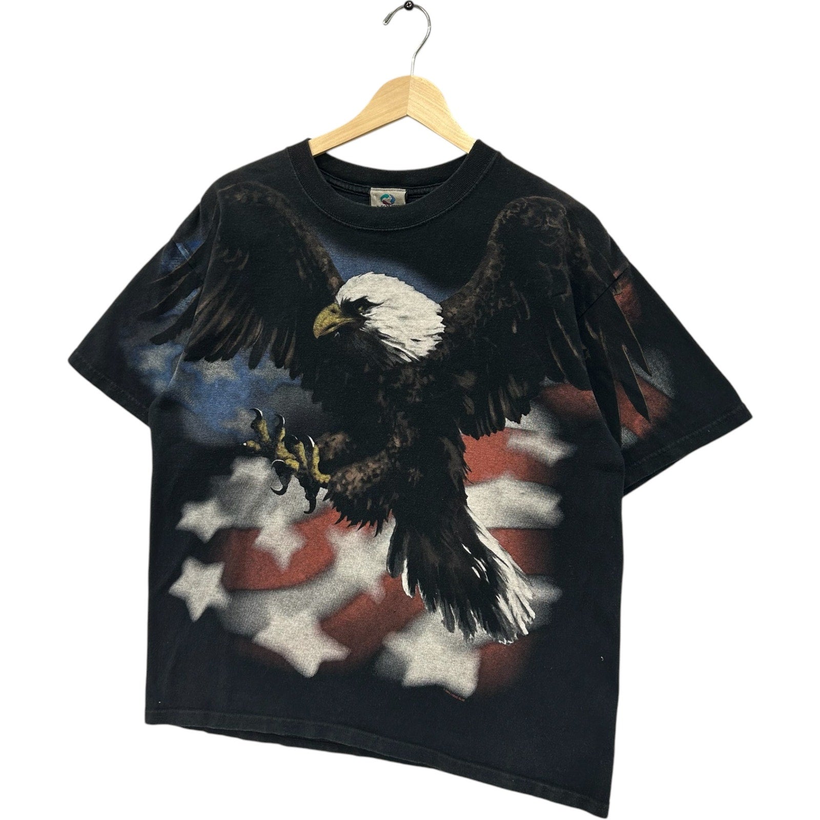 Vintage Liquid Blue American Flag Bald Eagle Double Sided AOP Tee