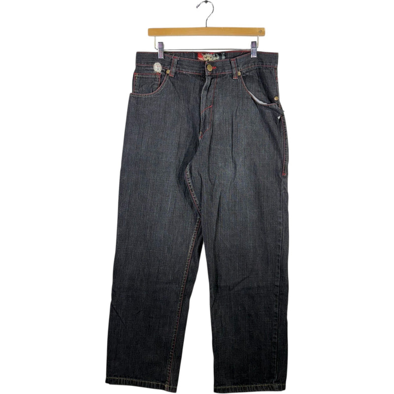 Vintage No Retreat Embroidered Wide Leg Denim Jeans 34 x 32