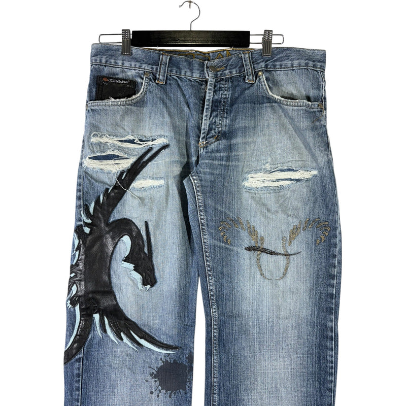 Y2K Doramafi Leather Dragon Patch Jeans 36x31