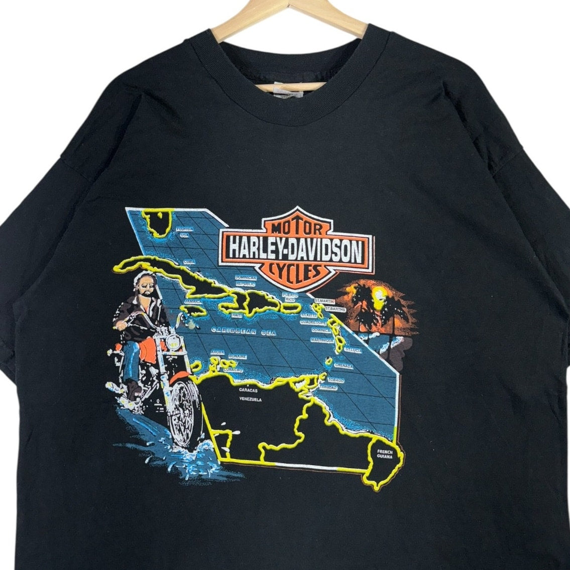 Vintage Harley Davidson Caribbean Map Graphic T-Shirt