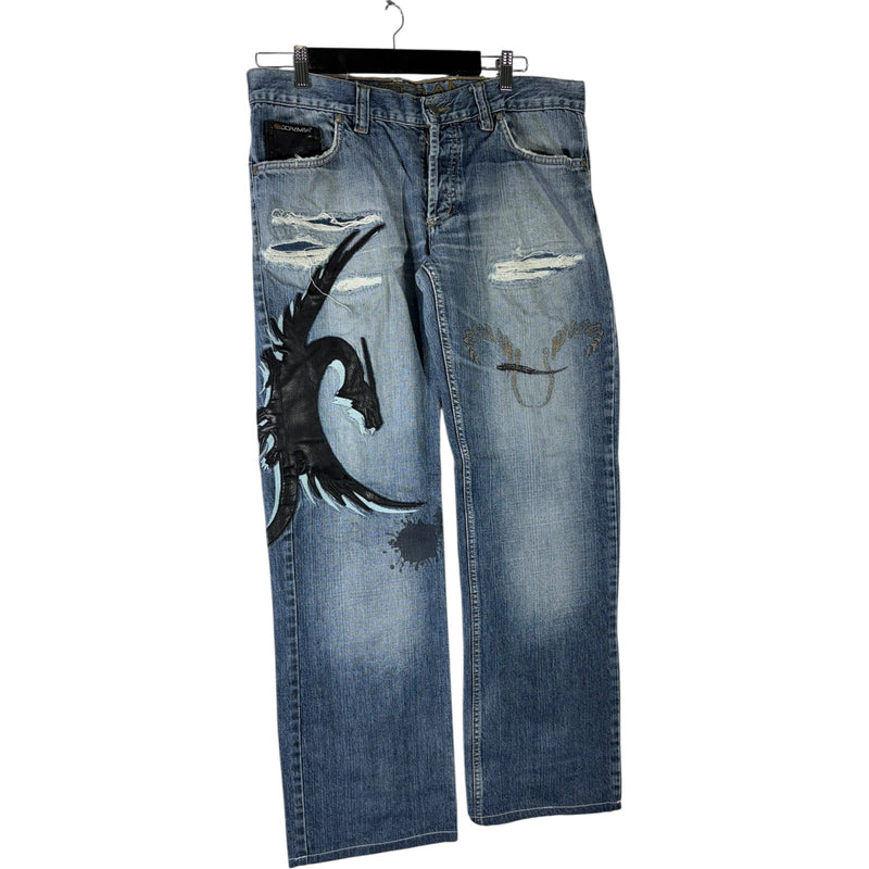 Y2K Doramafi Leather Dragon Patch Jeans 36x31