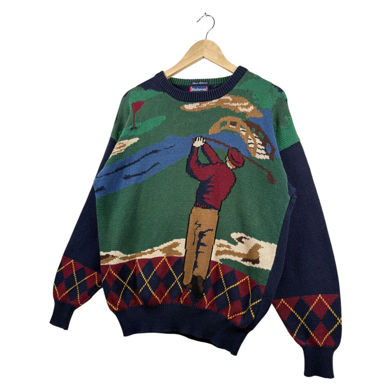Vintage Hathaway Hand Intarsia Golf Course Pullover Knit Sweater