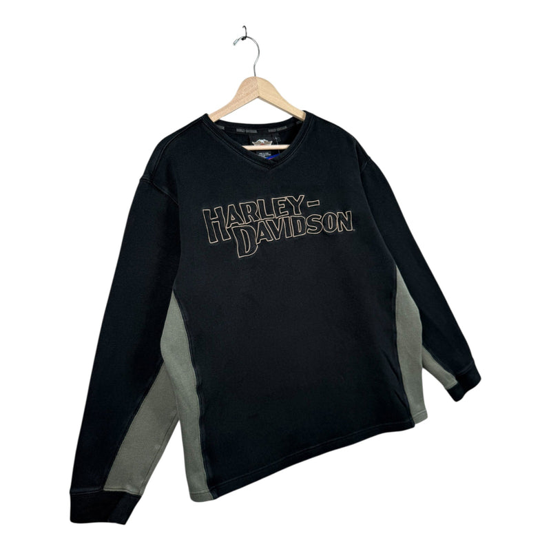 Vintage Harley Davidson Embroidered Two Tone V-Neck Sweatshirt
