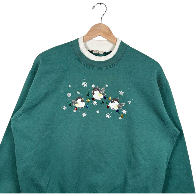 Vintage Women's Christmas Birds Mock Neck Nature Crewneck