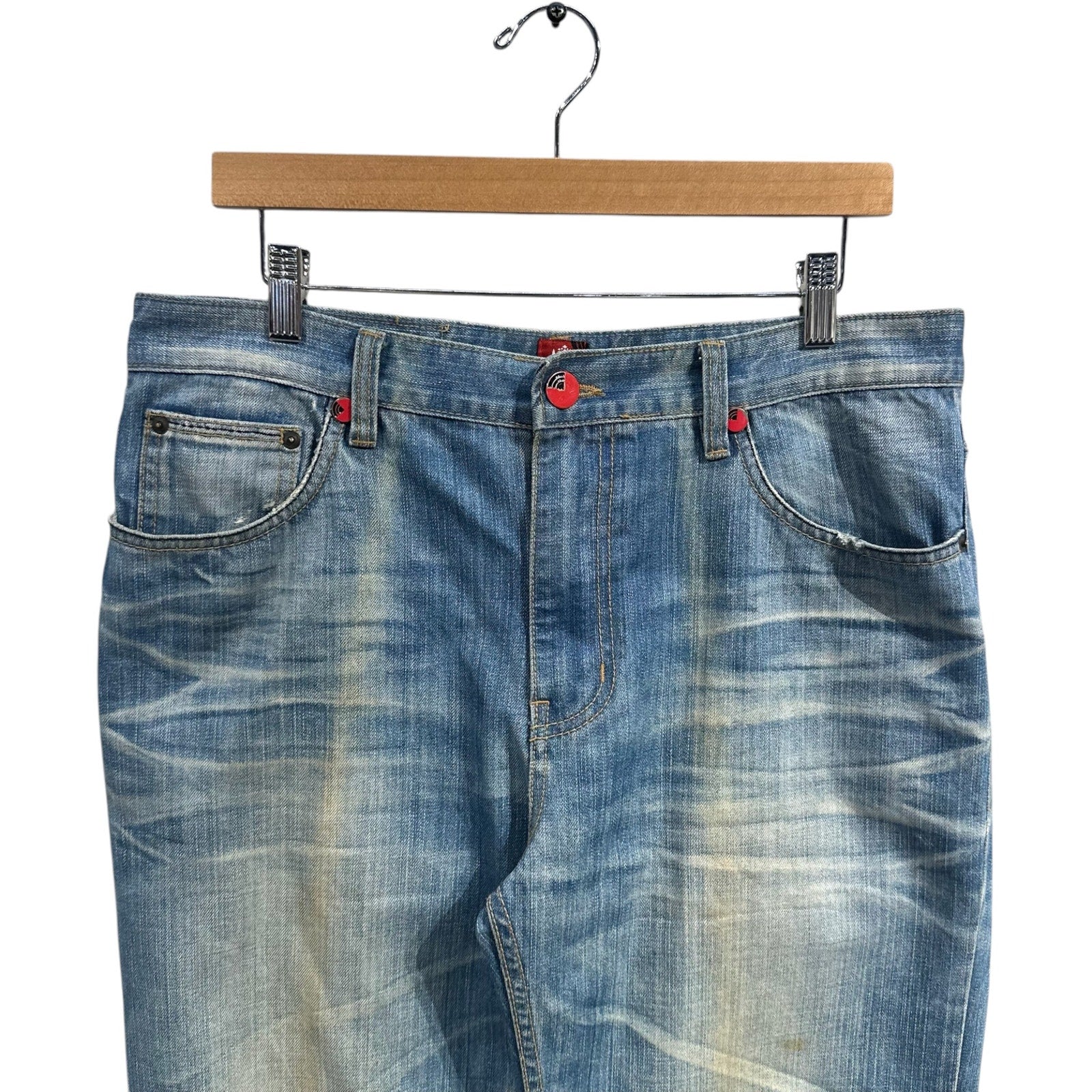 Vintage Faded Distressed Straight Leg Denim Jeans 34 x 31