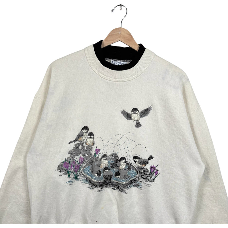 Vintage Birds In A Bird Bath Double Collar Crewneck