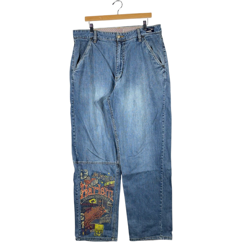 Vintage Harlem Globe Trotters Spellout Graphic Wide Leg Denim Jeans 38x33