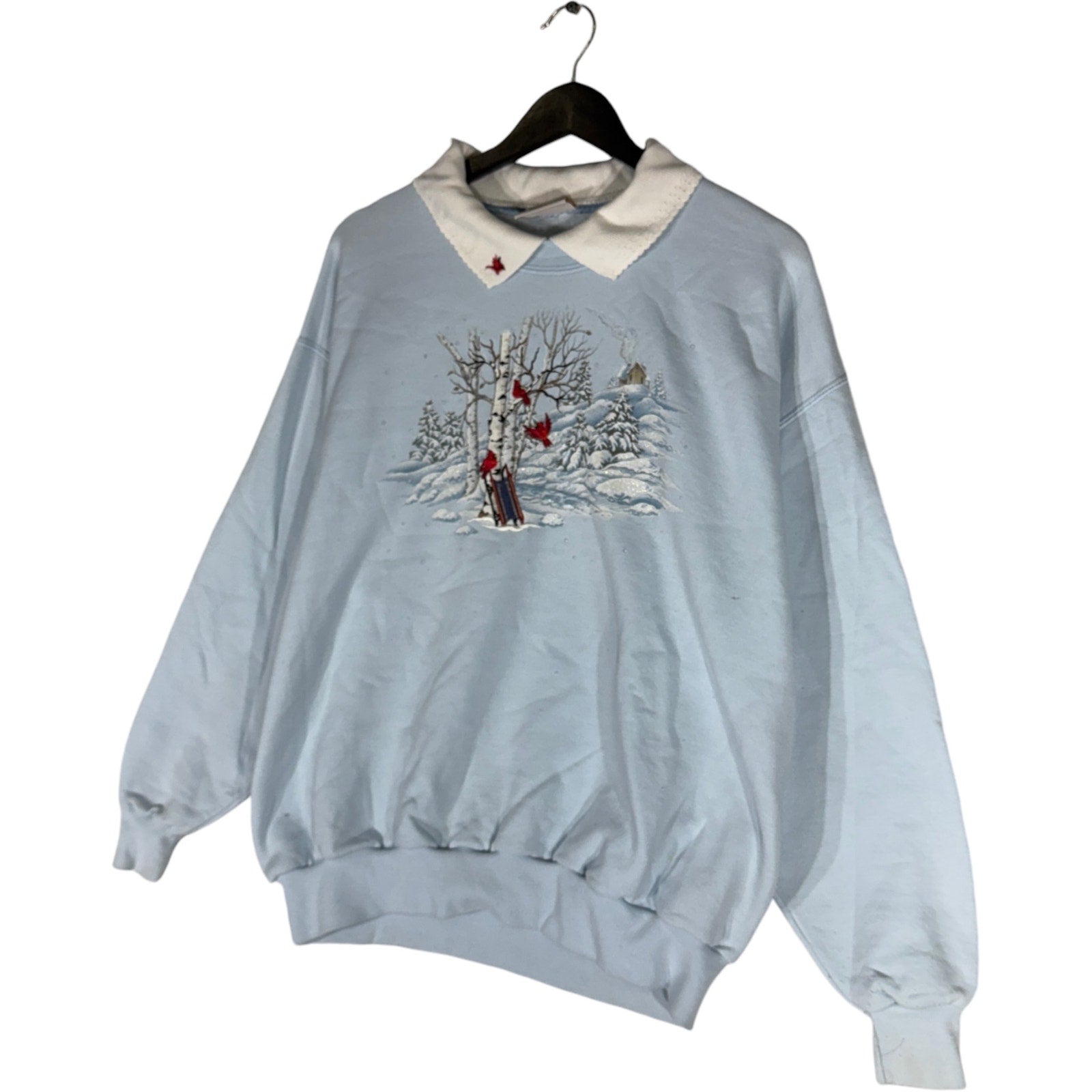 Vintage Women's Winter Scenery Cardinals Collared Crewneck