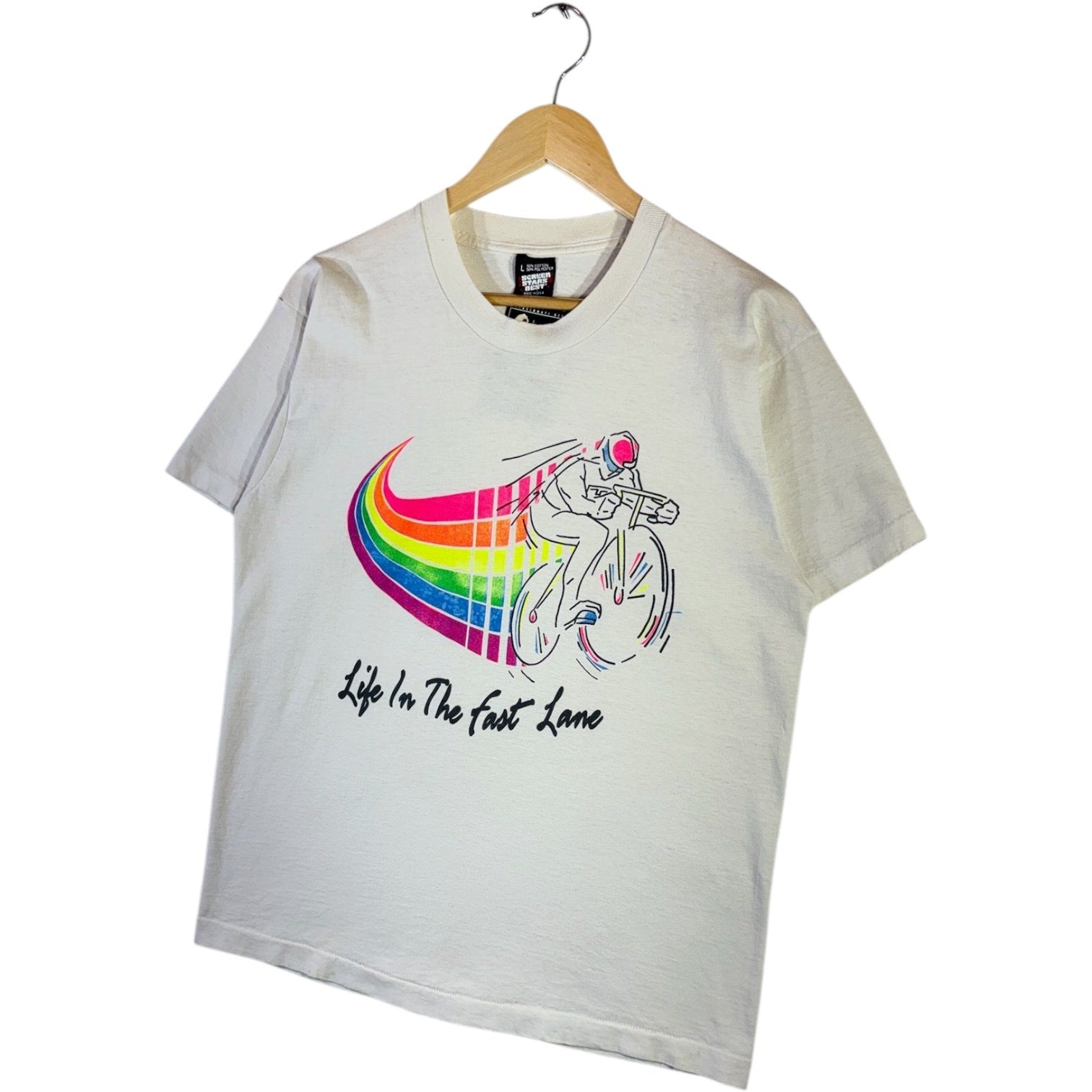 Vintage Life In The Fast Lane Rainbow Cyclist Graphic T-Shirt