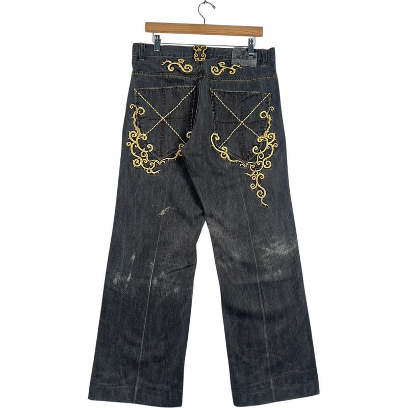 Vintage Russo Embroidered Fashion Wide Leg Denim Jeans 32x32