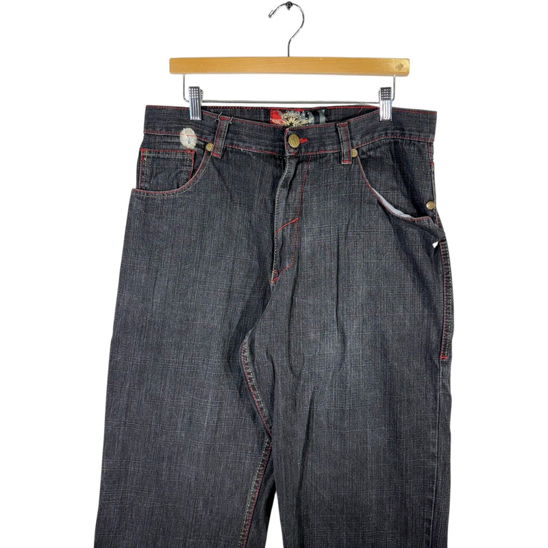 Vintage No Retreat Embroidered Wide Leg Denim Jeans 34 x 32