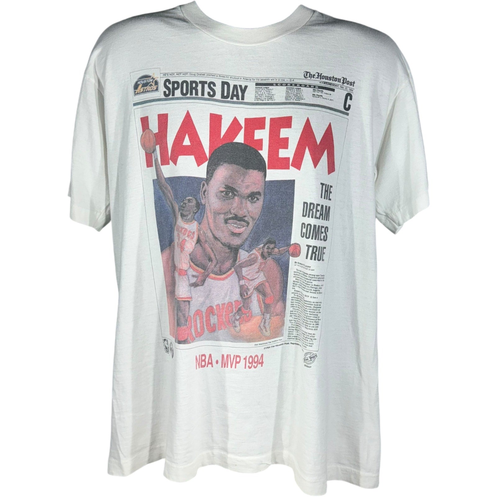 Vintage Hakeem Olajuwan "The Dream Comes True" Newspaper Tee 1994